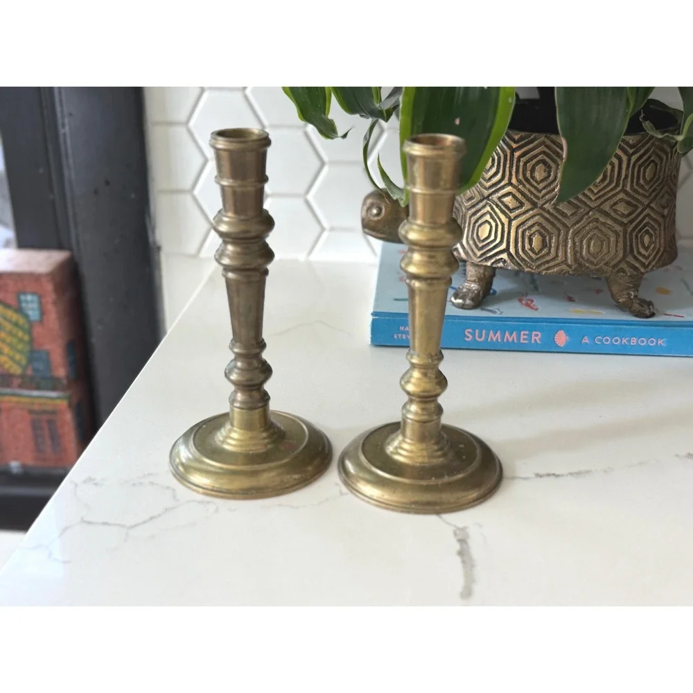 Vintage Pair Solid Brass Taper Candle Holders Spindle Style Made in Hong Kong